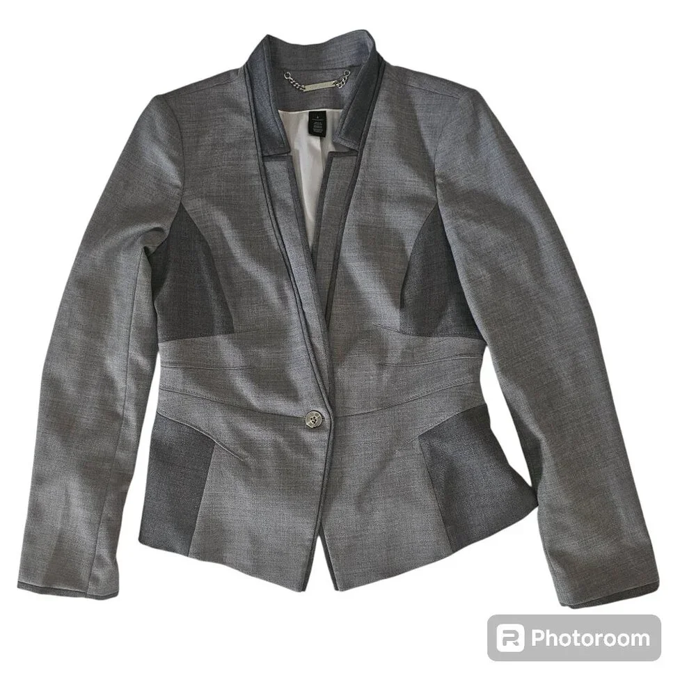White House Black Market Women's Gray Wool Blend Contrast Panel Suit Jacket Sz 8 - Picture 3 of 14